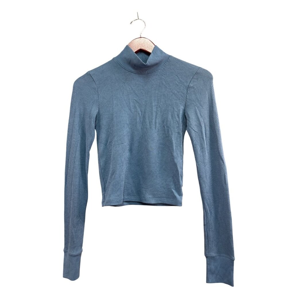 American Eagle Womens Mock Neck Long Sleeve Ribbed Top S Blue Polyester Viscose